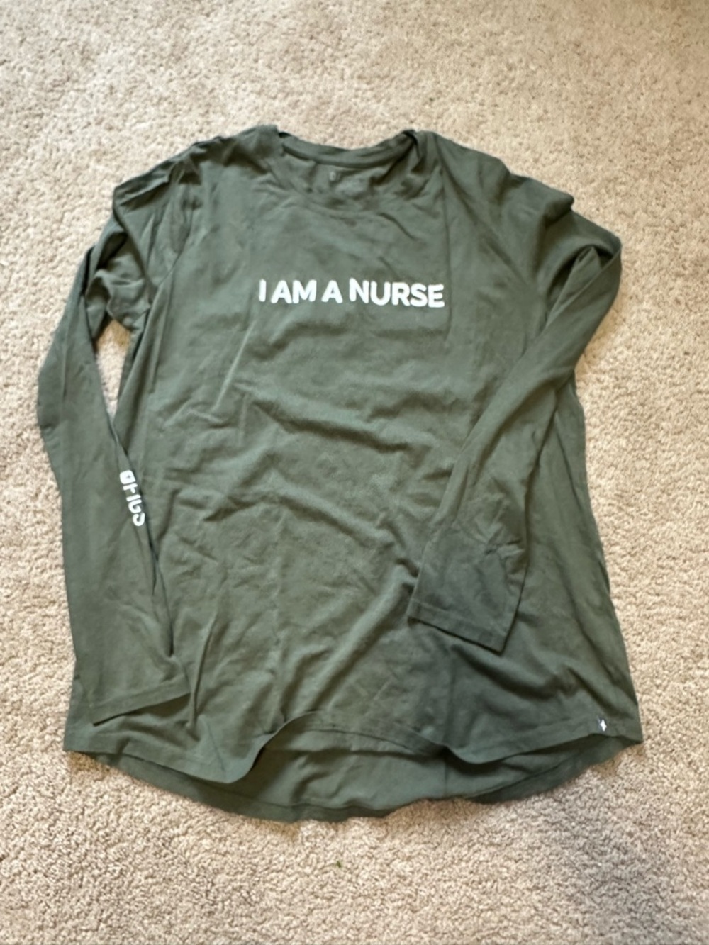 FIGS Olive Geee  Long Sleeve Tee with White "I AM A NURSE" Text